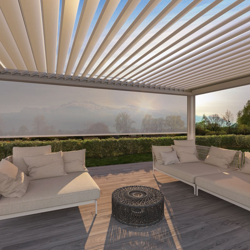 représentation d'une terrasse avec une surstructure à lames blanches et des canapés clairs. Couleurs douces et ambiance sereine.