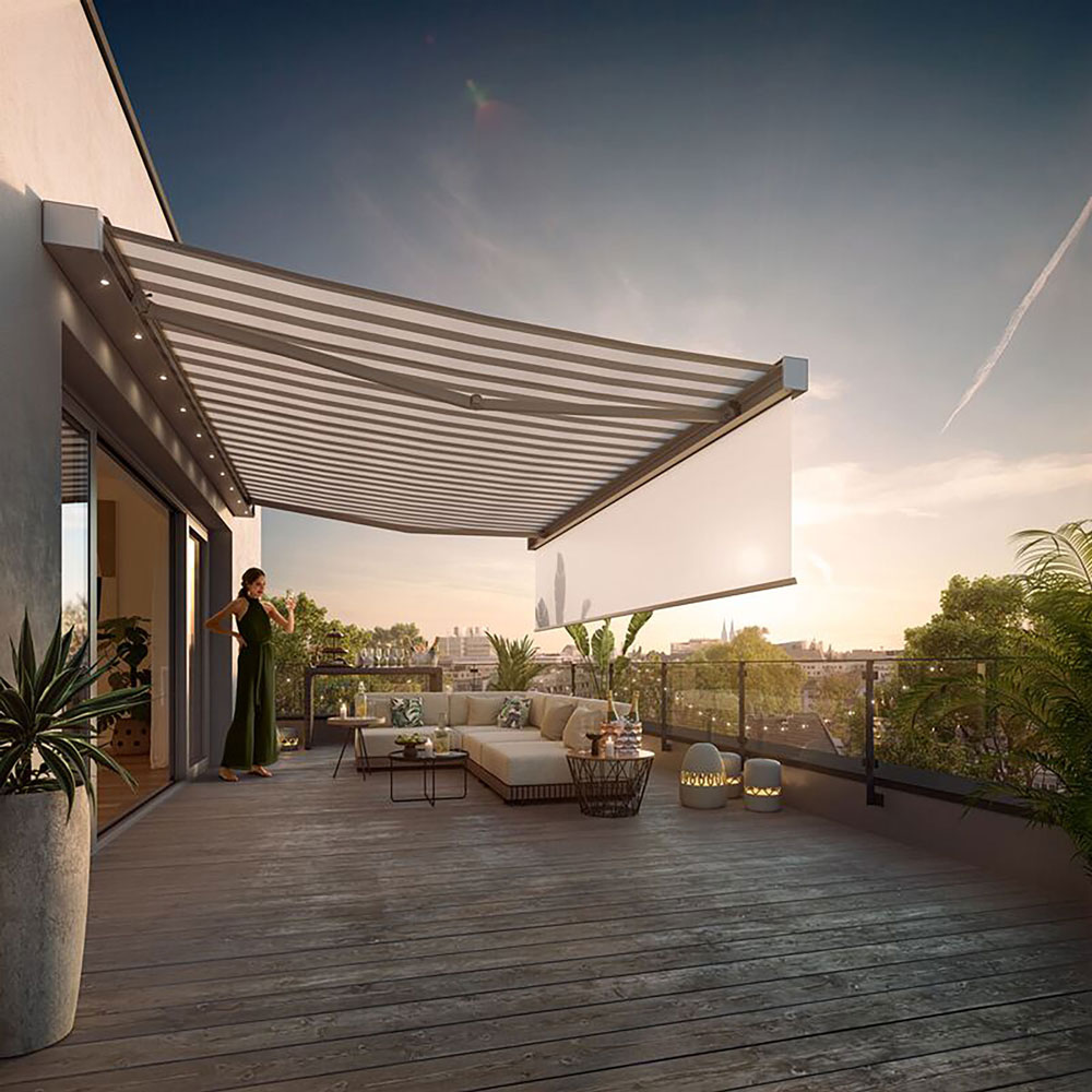 Terrasse avec une surdécoupe et un design moderne, dominée par des teintes de gris et de vert. Terrasse avec une surdécoupe et un design moderne, dominée par des teintes de gris et de vert.