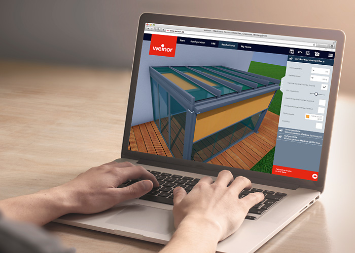 Un laptop affichant un modèle 3D d'une structure, avec un design de véranda et des éléments en verre. 