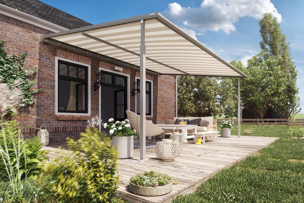 représentation d'une terrasse avec une surdachung, un coin salon et des plantes autour, ciel bleu avec quelques nuages. représentation d'une terrasse avec une surdachung, un coin salon et des plantes autour, ciel bleu avec quelques nuages.