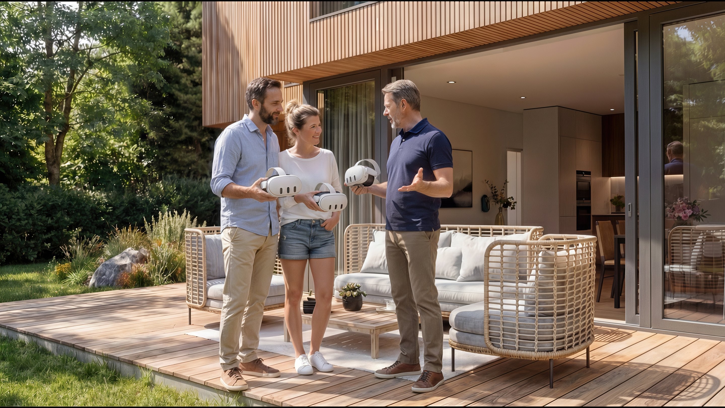 Trois personnes discutent sur une terrasse, tenant des objets blancs, avec un design moderne et une verdure environnante.