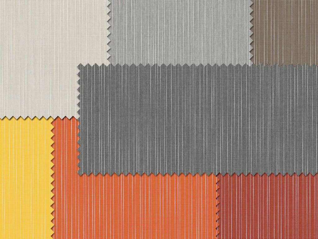 Échantillons de tissu aux couleurs variées : beige, jaune, vert, gris, orange et rouge, en formes de carrés. Échantillons de tissu aux couleurs variées : beige, jaune, vert, gris, orange et rouge, en formes de carrés.