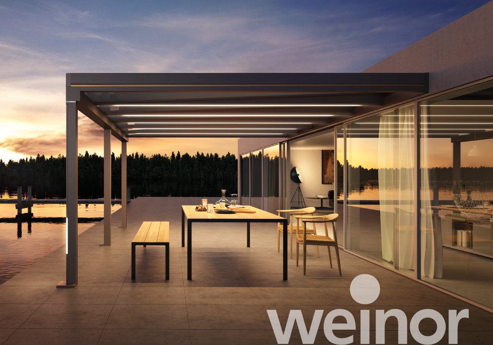 Toit de terrasse cubique en verre weinor Terrazza Pure avec bandes LED couleur, avec éléments décoratifs