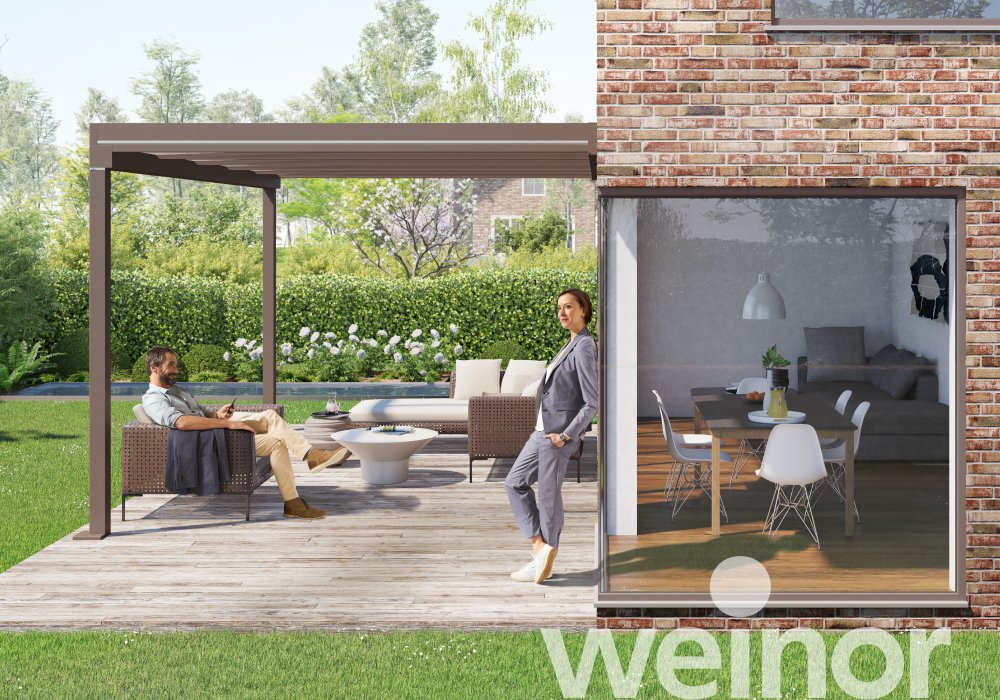 Toit de terrasse cubique en verre weinor Terrazza Pure avec éléments décoratifs