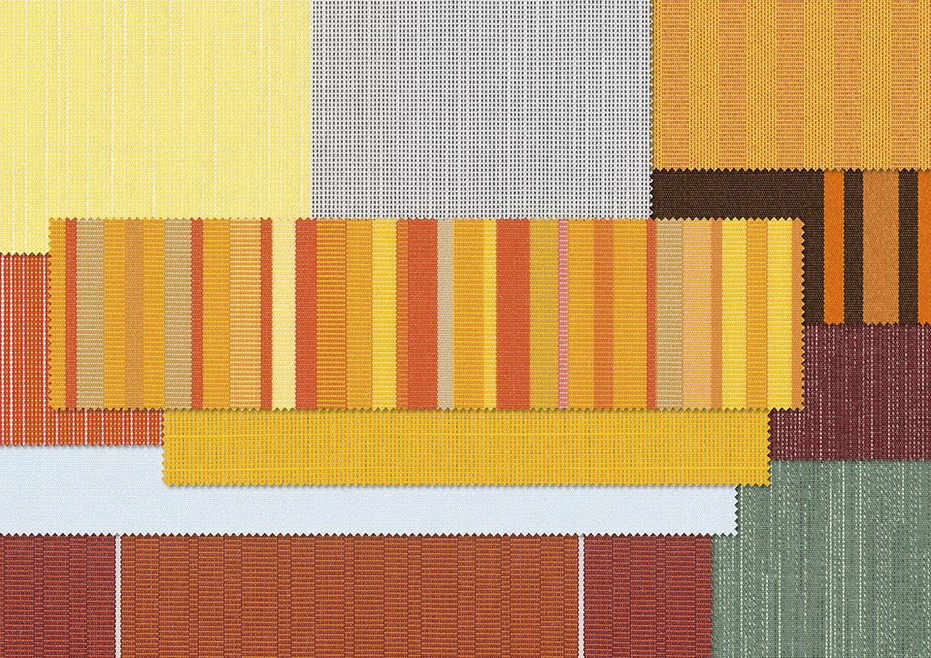 Échantillons de tissu aux couleurs chaudes, principalement jaunes, oranges et bruns, disposés en motifs géométriques. Échantillons de tissu aux couleurs chaudes, principalement jaunes, oranges et bruns, disposés en motifs géométriques.