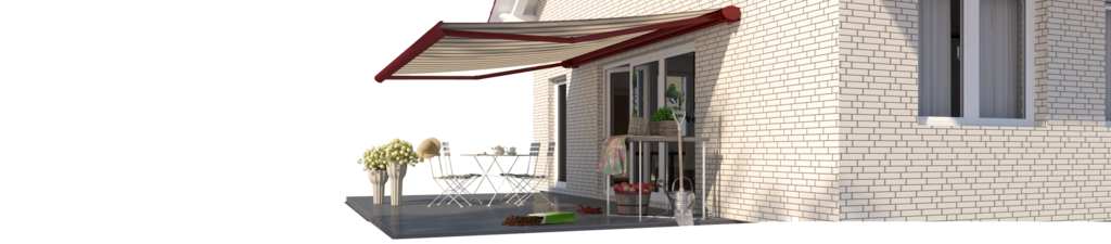 Image d'une maison avec une marquise rouge, terrasse et vue sur un paysage verdoyant. Image d'une maison avec une marquise rouge, terrasse et vue sur un paysage verdoyant.