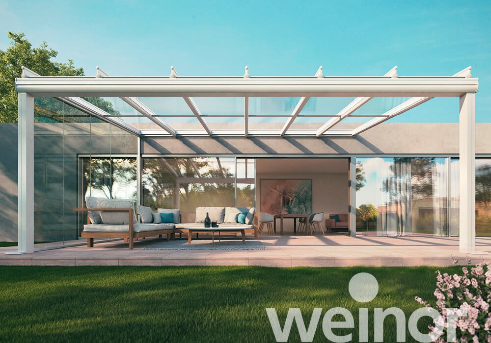 Toit de terrasse en verre weinor Terrazza Originale sans barre luminaire LED, avec Éléments de parois vitrées