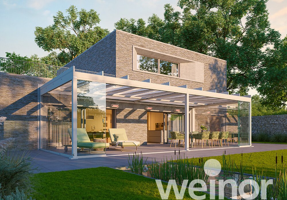 Toit de terrasse cubique en verre weinor Terrazza Pure installation couplée