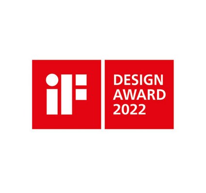 Logo du IF Design Award 2022 sur fond rouge avec éléments graphiques blancs.