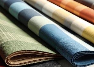 Tissus enroulés, présentant une variété de motifs et de couleurs, principalement vert, bleu et jaune. 