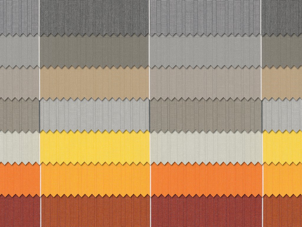 Échantillons de tissus en dégradé, dominés par des teintes de gris, beige, jaune et orange. Échantillons de tissus en dégradé, dominés par des teintes de gris, beige, jaune et orange.