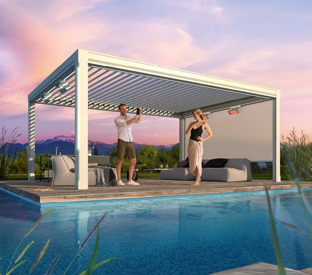 Un espace extérieur avec une surélevation blanche, des personnes et une piscine à proximité, le tout dans des teintes pastel. 