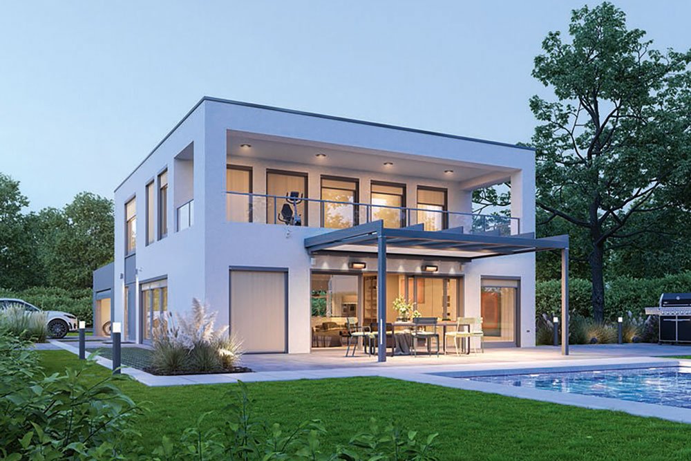 Maison moderne avec piscine et espace de vie extérieur, entourée de verdure. Maison moderne avec piscine et espace de vie extérieur, entourée de verdure.