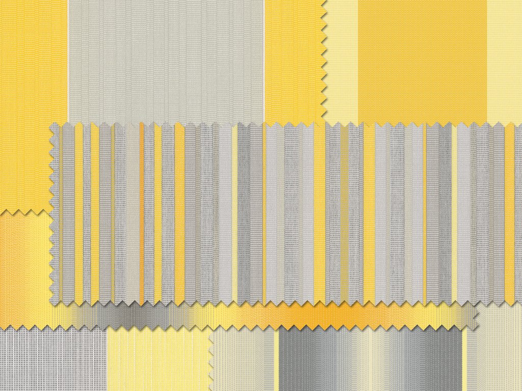 Échantillons de tissu aux motifs variés, dominés par des teintes jaunes et grises.