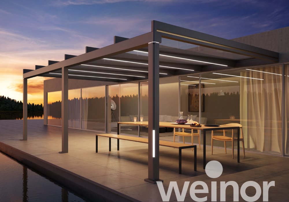 Toit de terrasse cubique en verre weinor Terrazza Pure avec bandes LED couleur, avec éléments décoratifs