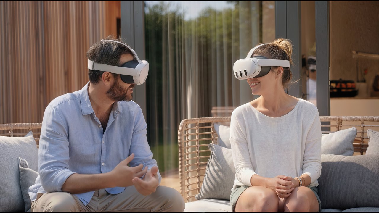 Deux personnes portant des casques de réalité virtuelle, assises sur un canapé.
