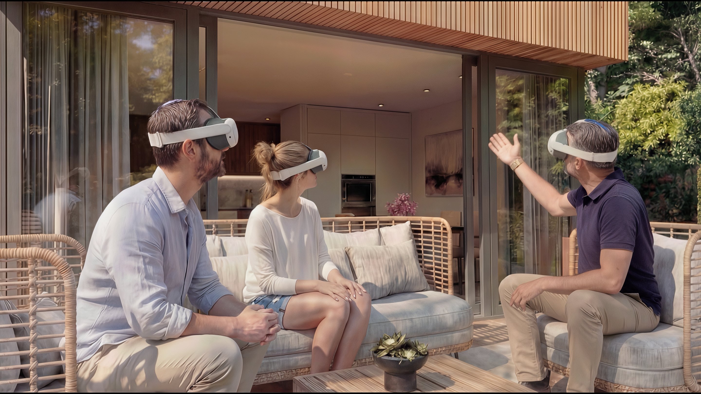 Trois personnes portant des casques de réalité virtuelle, assises dans une situation de terrasse moderne.