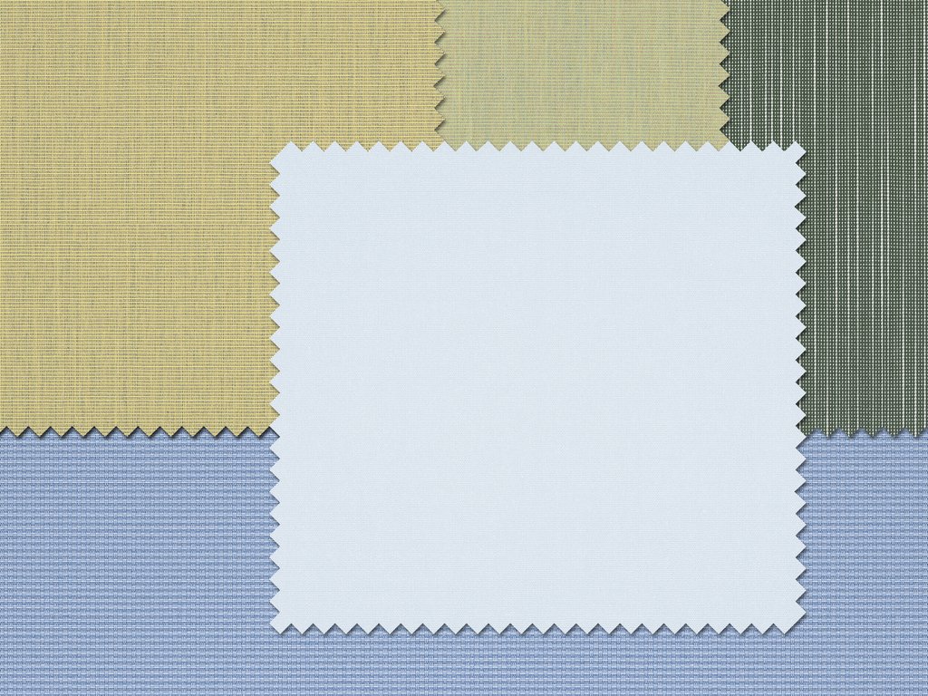 Échantillons de tissus aux couleurs variées : jaune, vert, bleu et blanc, avec une texture côtelée.