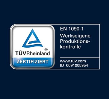 Logo de TÜV Rheinland sur fond bleu foncé avec texte en blanc et bleu.