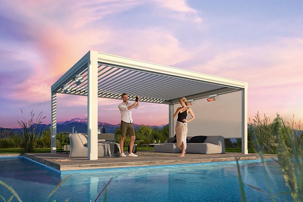 Image montrant une piscine avec une structure de terrasse blanche et des personnes à l'intérieur. Image montrant une piscine avec une structure de terrasse blanche et des personnes à l'intérieur.