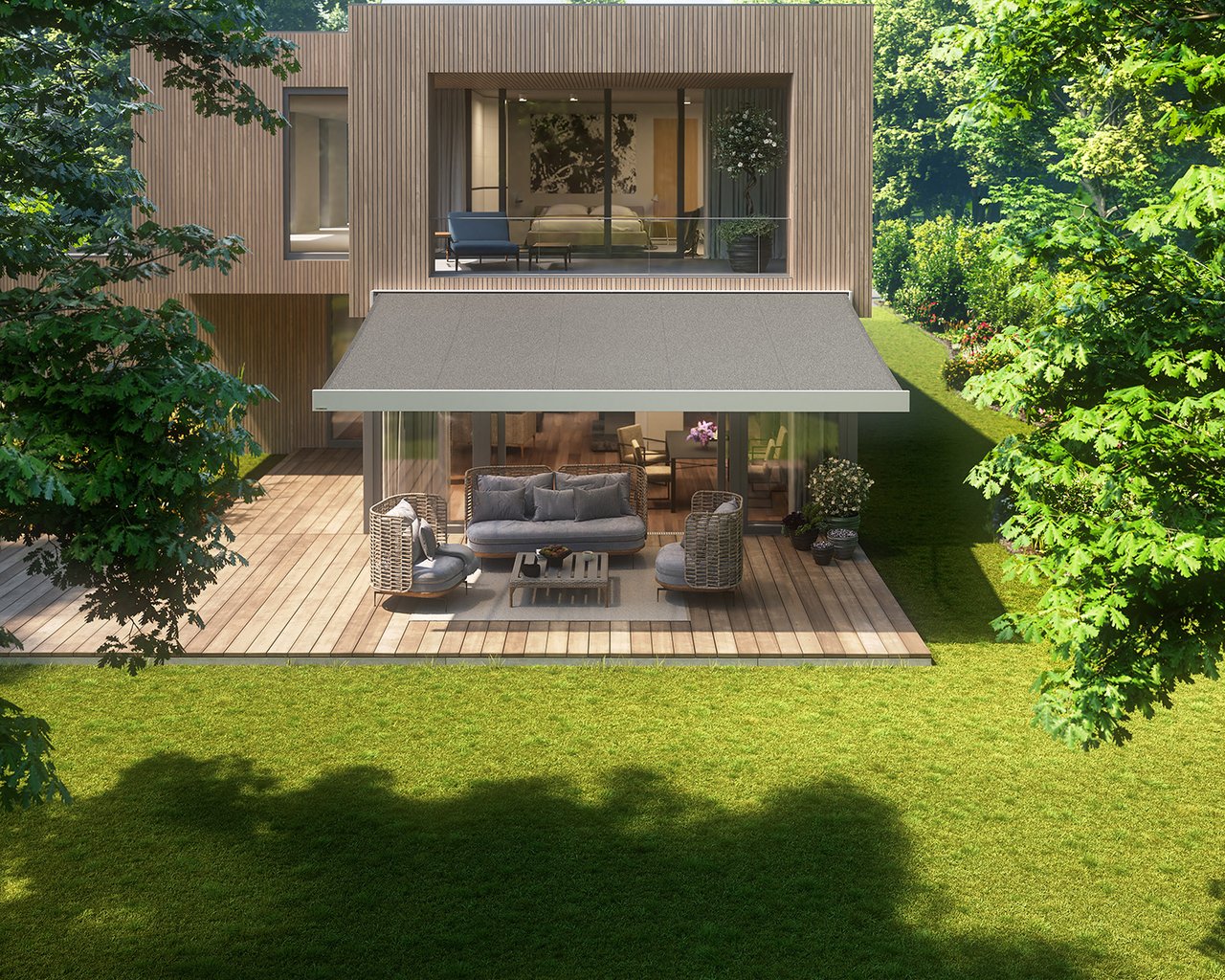 Vue d'une maison moderne avec une terrasse, une terrasse ombragée et des éléments en bois.