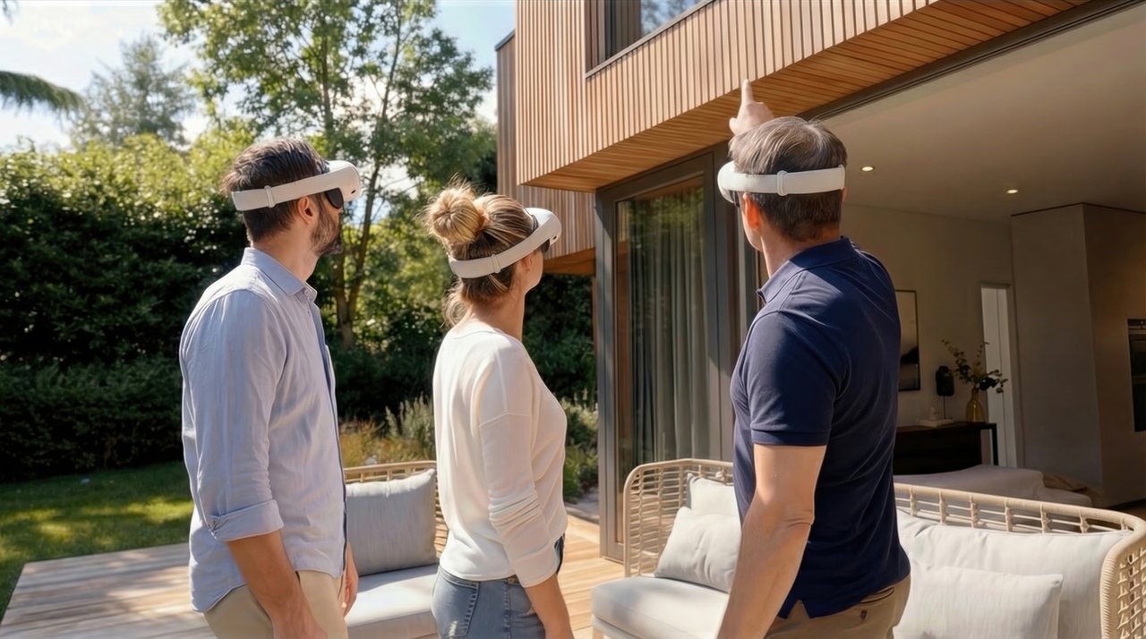 Trois personnes regardent vers une maison moderne, avec un jardin verdoyant en arrière-plan.