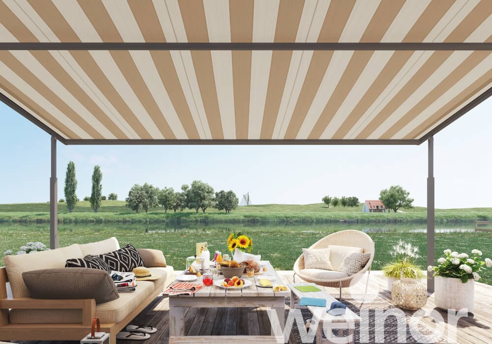 Store pergola toile Plaza Viva de weinor sans barre luminaire LED