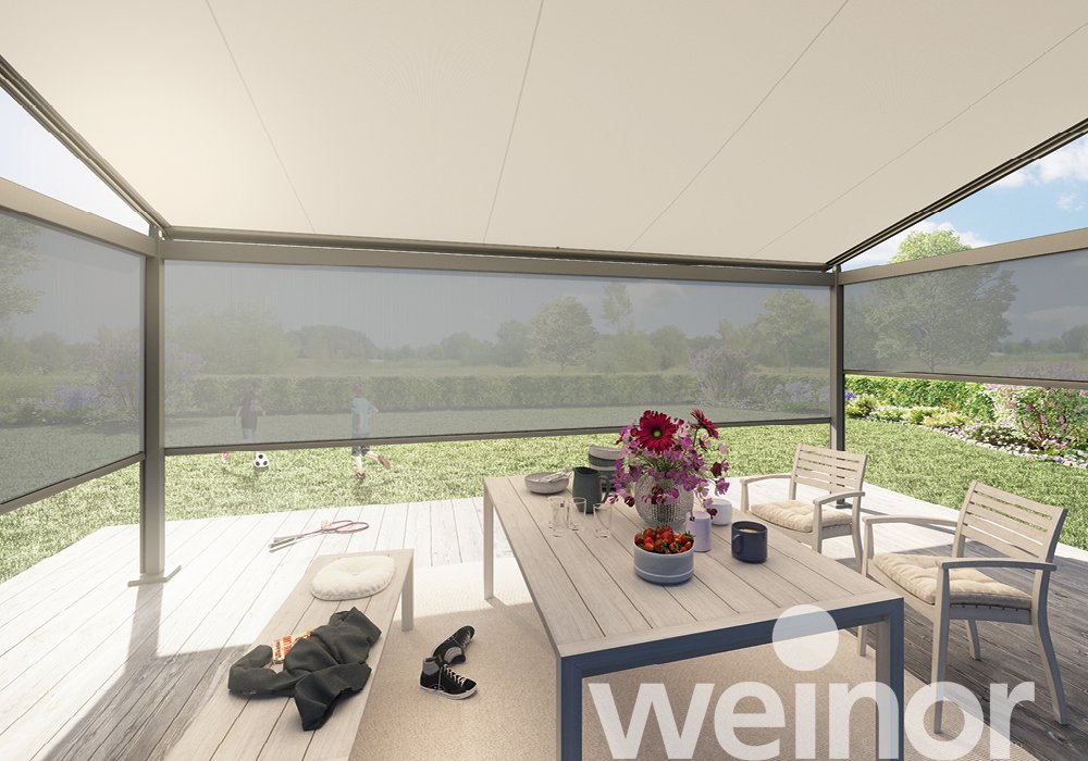 Store pergola toile Plaza Viva de weinor avec VertiTex II
