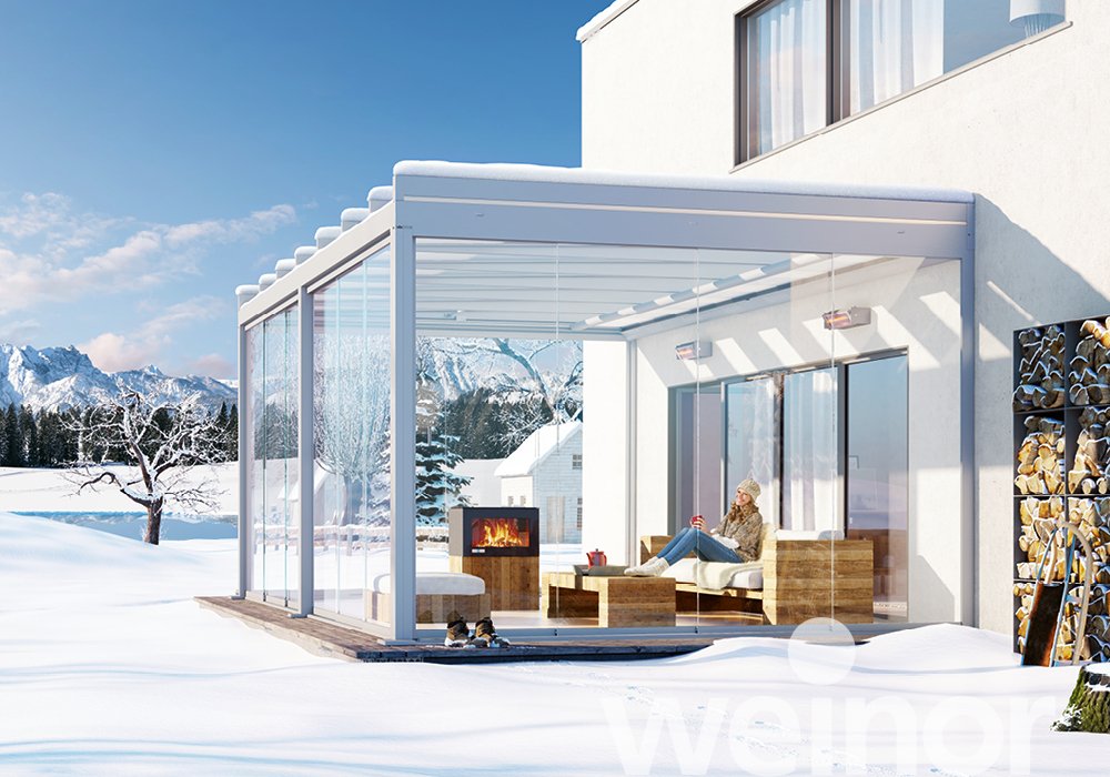 Toit de terrasse cubique en verre weinor Terrazza Pure avec éléments décoratifs