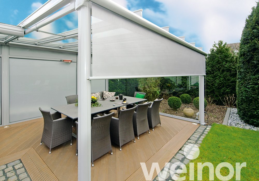 Toit de terrasse en verre weinor Terrazza Originale avec barre luminaire LED, avec VertiTex