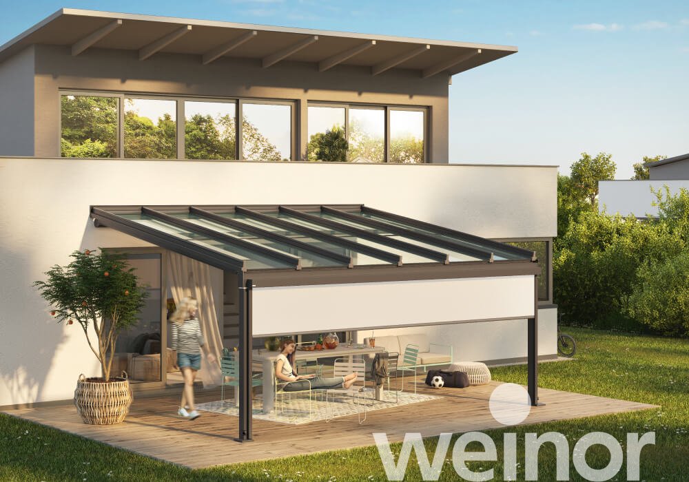 Toit de terrasse en verre weinor Terrazza Sempra avec VertiTex II