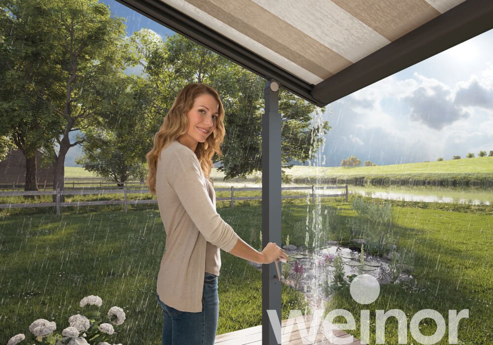 Store pergola toile Plaza Viva de weinor sans barre luminaire LED, Close up