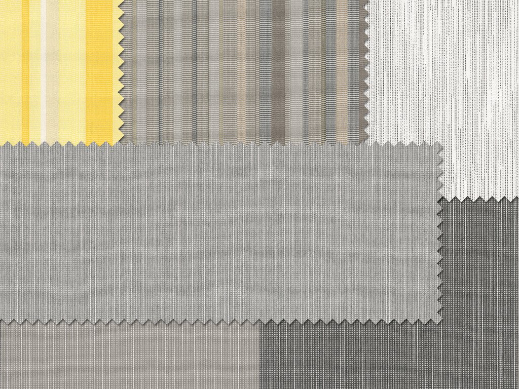 Échantillons de tissus avec des motifs variés, principalement en nuances de gris, jaune et blanc. Échantillons de tissus avec des motifs variés, principalement en nuances de gris, jaune et blanc.