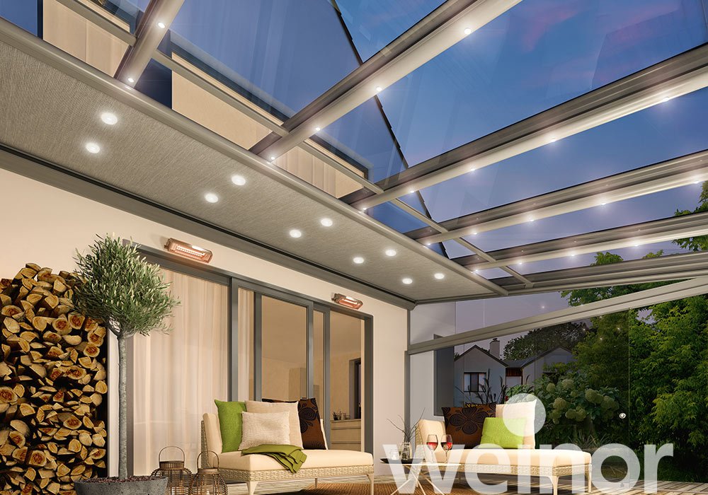 Toit de terrasse en verre weinor Terrazza Originale avec barre luminaire LED, avec Sottezza, avec Éléments de parois vitrées