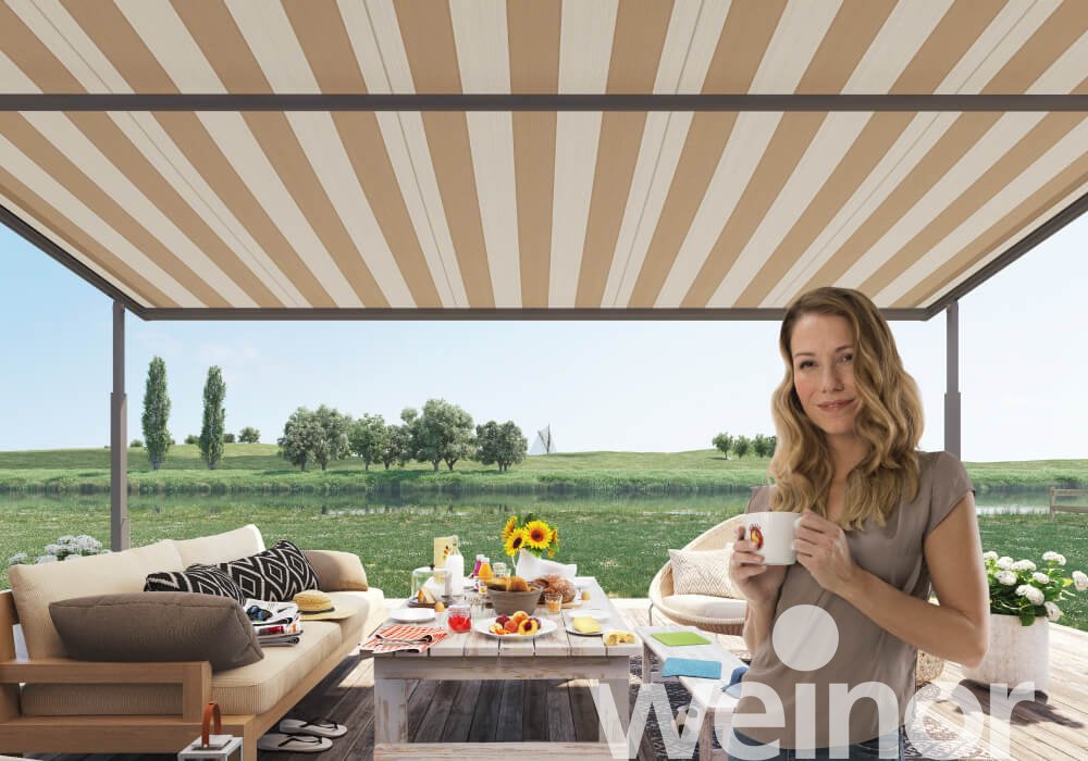 Store pergola toile Plaza Viva de weinor sans barre luminaire LED