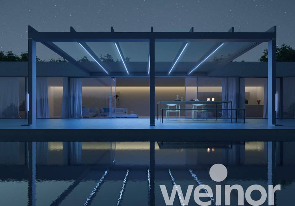 Toit de terrasse cubique en verre weinor Terrazza Pure avec bandes LED couleur