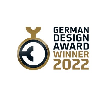 Logo du German Design Award 2022 avec des éléments dorés et noirs.