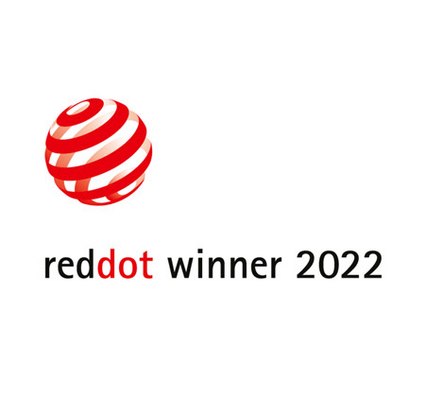 Logo avec une sphère rouge striée et le texte "reddot winner 2022" en noir.