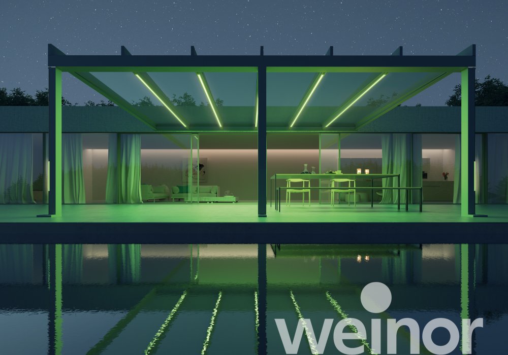 Toit de terrasse cubique en verre weinor Terrazza Pure avec bandes LED couleur