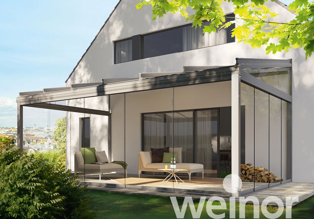 Toit de terrasse en verre weinor Terrazza Originale avec Éléments de parois vitrées, sans barre luminaire LED