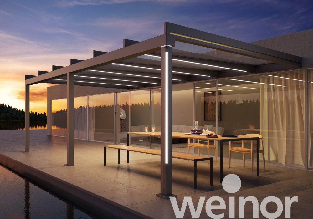 Toit de terrasse cubique en verre weinor Terrazza Pure avec bandes LED couleur, avec éléments décoratifs