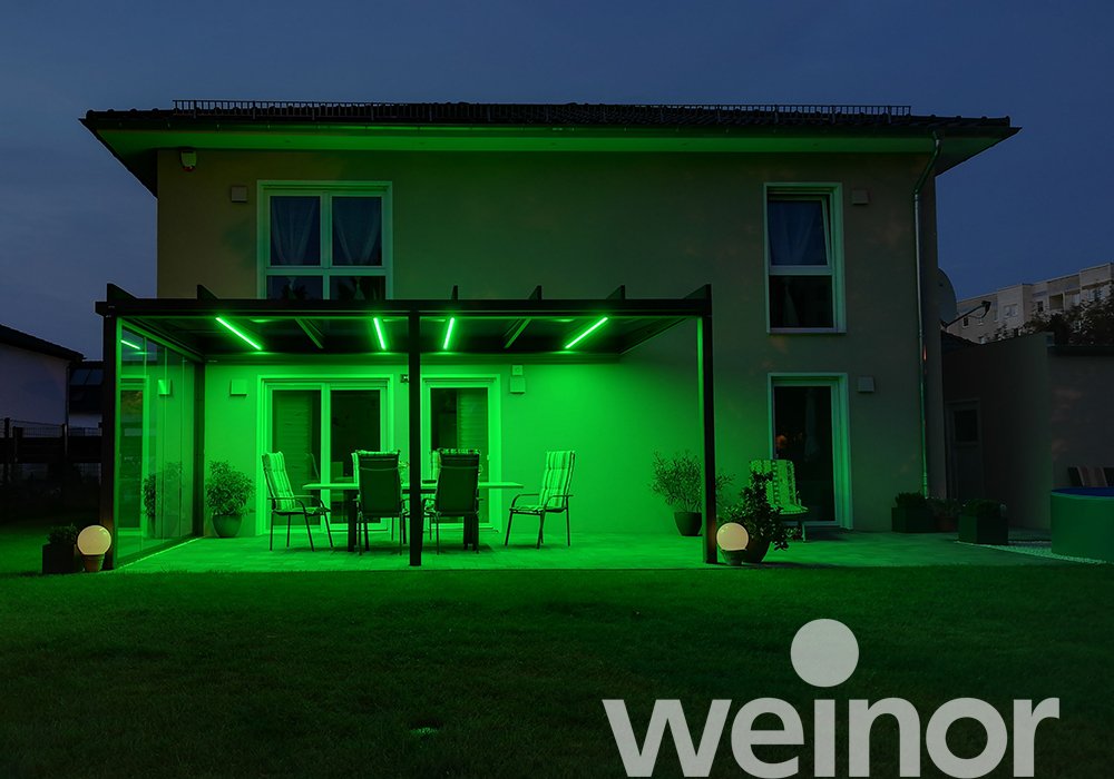 Toit de terrasse cubique en verre weinor Terrazza Pure avec bandes LED couleur