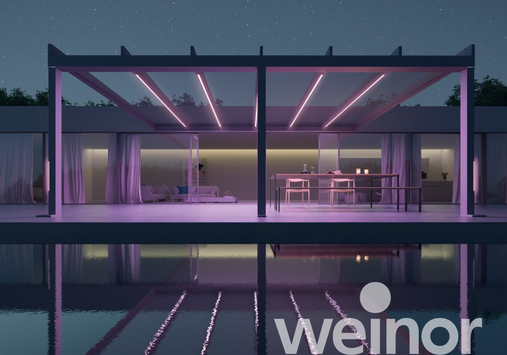 Toit de terrasse cubique en verre weinor Terrazza Pure avec bandes LED couleur