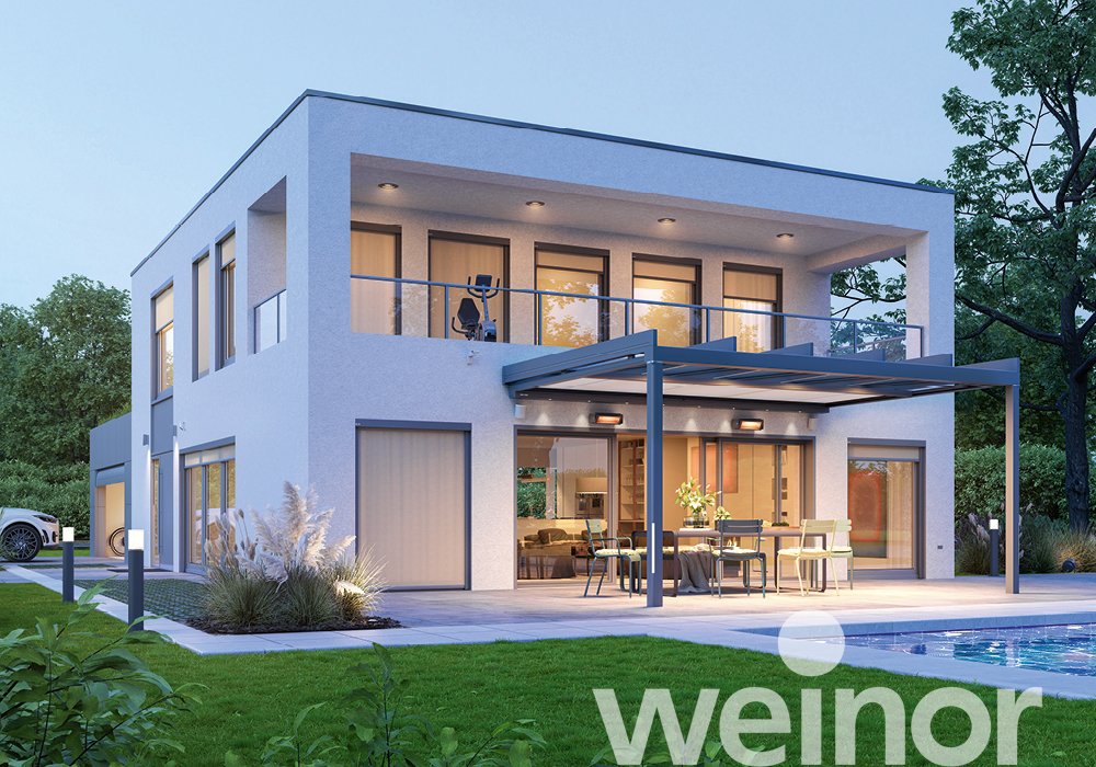 Toit de terrasse cubique en verre weinor Terrazza Pure avec bandes LED couleur