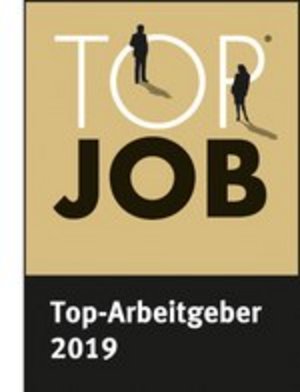 Logo avec les mots "TOP JOB" et "Top-Arbeitgeber 2019", couleurs dominantes : noir et doré.