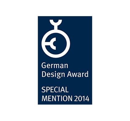 Logo avec un cercle et des symboles, texte "German Design Award SPECIAL MENTION 2014" sur fond bleu.