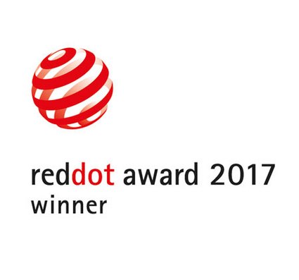 Logo circulaire rouge et blanc avec le texte "reddot award 2017 winner" en dessous.