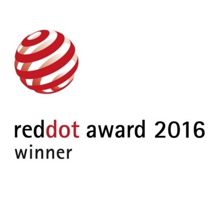 Logo avec une sphère rouge et des bandes blanches, accompagnée du texte "reddot award 2016 winner".