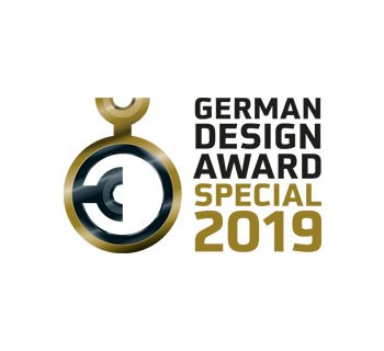 Logo du German Design Award 2019 avec éléments circulaires et texte en noir et or.