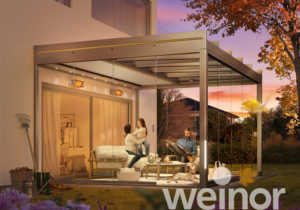 Toit de terrasse cubique en verre weinor Terrazza Pure avec bandes LED couleur, avec éléments décoratifs